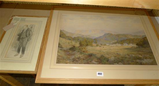 Arthur Mc? - cartoon of a gentleman, pencil, signed & dated 1907 & a watercolour landscape by Chris Boodle